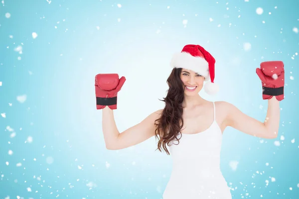 Festive brunette in boxing gloves — Stock Photo, Image