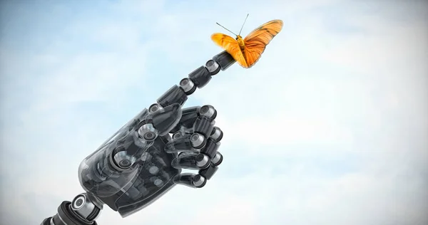 Butterfly on finger of robot — Stock Photo, Image