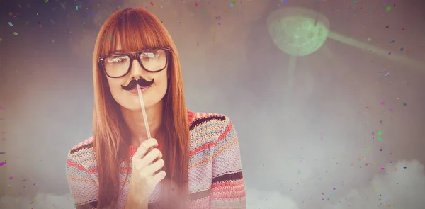 Imagem composta de mulher hipster sorridente com um bigode — Fotografia de Stock