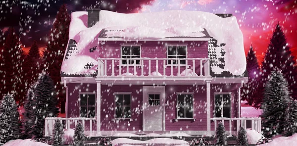 Hus i snön mot snöiga landskap — Stockfoto