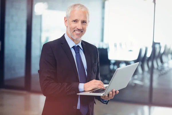 Retrato de homem de negócios usando laptop no escritório — Fotografia de Stock