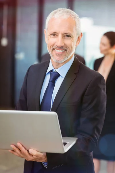 Hombre de negocios alegre usando el ordenador portátil —  Fotos de Stock