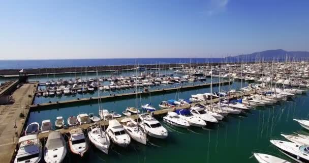 Aerial of boats moored at harbor — Stock Video