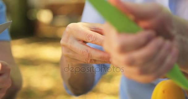 Couples removing seeds of apricot fruits — Stock Video