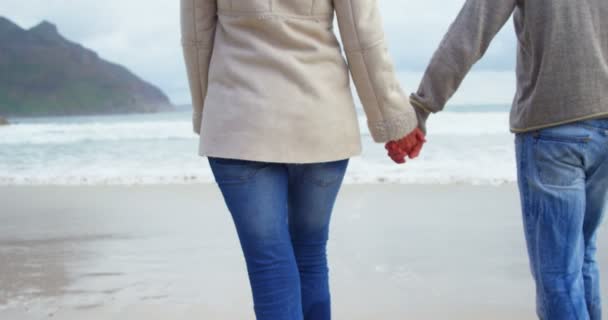手を繋いでいるとビーチの上を歩いてのカップル — ストック動画