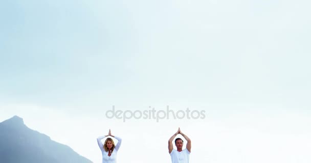 Couple d'âge mûr effectuant du yoga à la plage — Video