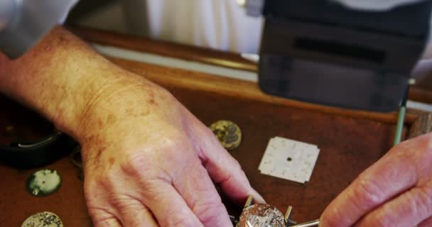 Detail z rukou horolog opravy hodinek — Stock video