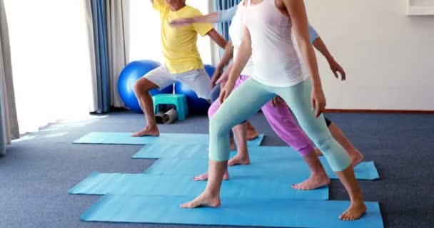 Entrenador que asiste a personas mayores en la práctica del yoga — Vídeo de stock
