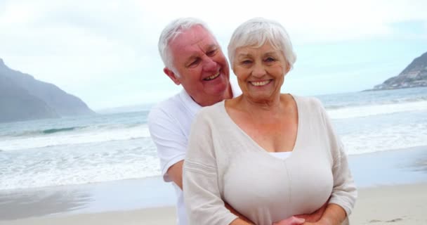 Senior paar omhelzen elkaar op strand — Stockvideo