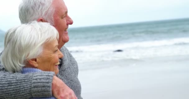 Glad senior på stranden — Stockvideo