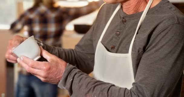 Alfarero macho comprobando una taza — Vídeos de Stock