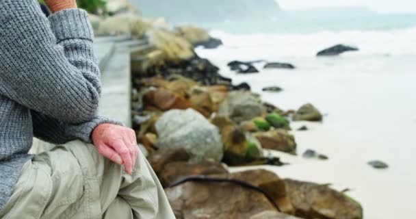 Starší muž, sedící na pláži — Stock video