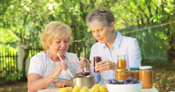 Mujeres mayores preparando mermelada — Vídeo de stock