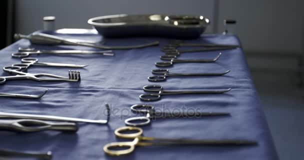 Close-up of surgical tools on tray — Stock Video