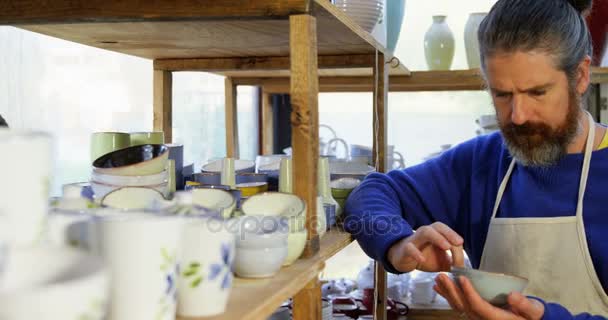 Мужчина-гончар осматривает глиняную посуду — стоковое видео