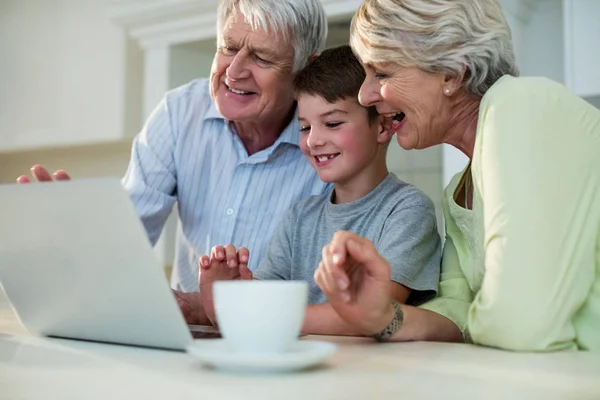 Grandson using laptop with grandparents — Stock Photo, Image