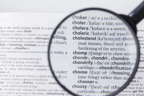 Dictionary page viewed through magnifying glass — Stock Photo, Image