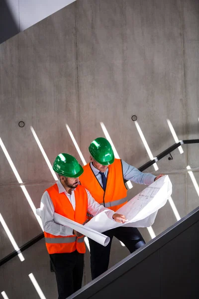 Arquitectos en escalera discutiendo con plano —  Fotos de Stock