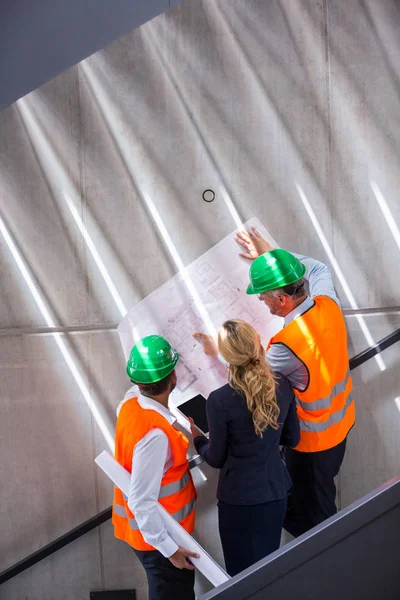 Empresária e arquitetos na escada discutindo — Fotografia de Stock