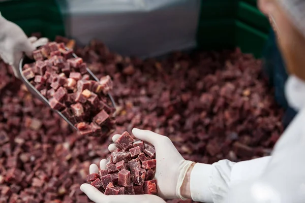 Mucchio di cubetti di carne in fabbrica di carne — Foto Stock