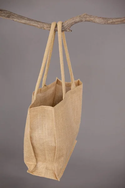 Beige väska hängande på en trädgren — Stockfoto