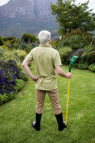 Uomo anziano in piedi con attrezzo da giardino — Foto Stock