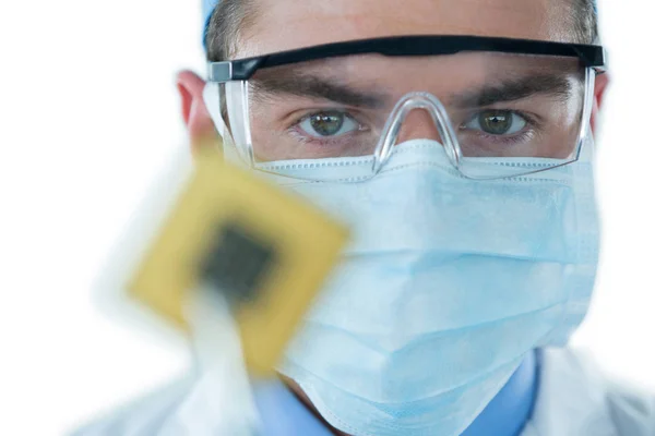 Доктор держит электронный чип с щипцами — стоковое фото