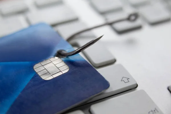 Kreditkarte im Angelhaken auf Laptop — Stockfoto