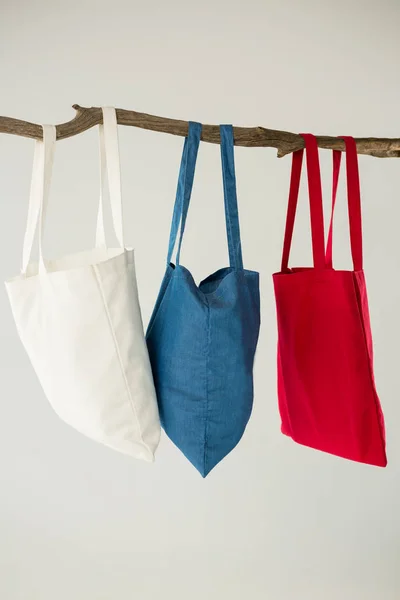 Bolsas de colores colgando de una rama de árbol — Foto de Stock