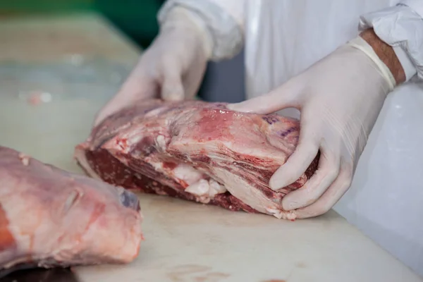 Açougueiro que detém carne crua na fábrica de carne — Fotografia de Stock