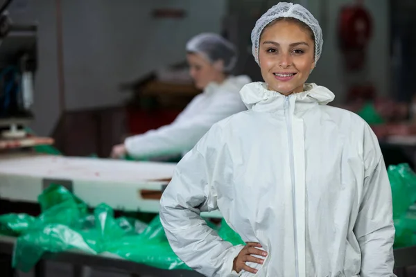 Female butcher standing with hands on hip — Stock Photo, Image