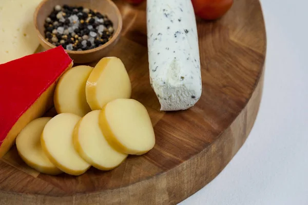 Different types of cheese, cherry tomato — Stock Photo, Image