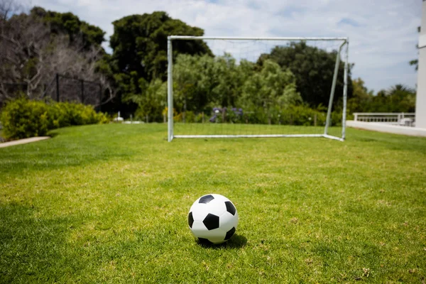 Fútbol en el campo de hierba en frente de poste de gol —  Fotos de Stock