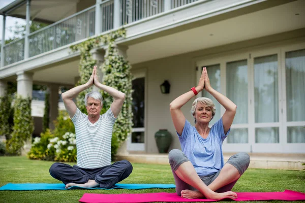 Couple aîné pratiquant le yoga sur tapis d'exercice — Photo