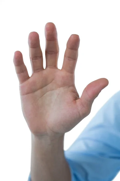 Hombre fingiendo tocar una pantalla invisible — Foto de Stock