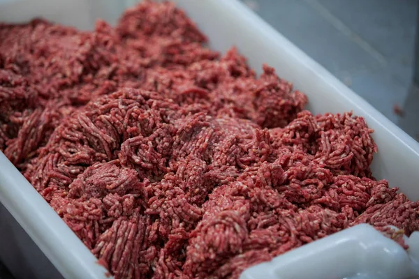 Minced meat at meat factory — Stock Photo, Image