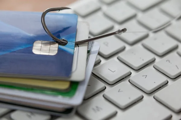 Kreditkort i fiskekrok på laptop — Stockfoto