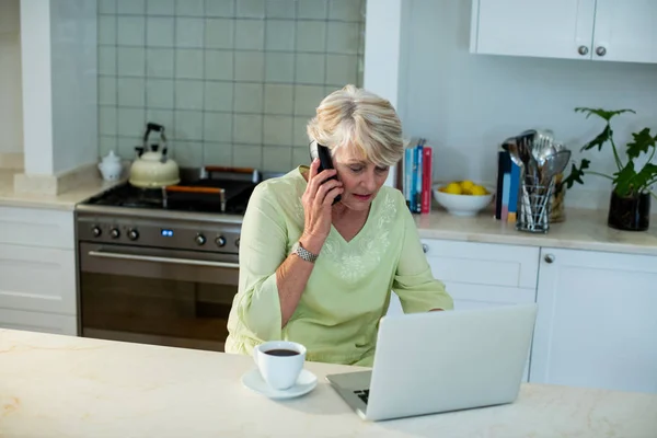 Mujer mayor hablando por teléfono usando portátil —  Fotos de Stock