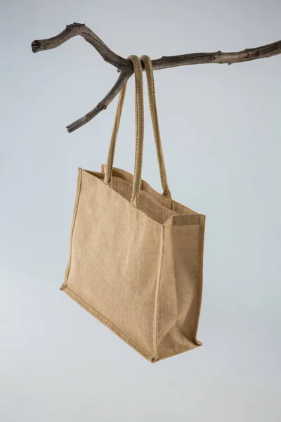 Jute bag hanging on a tree branch — Stock Photo, Image