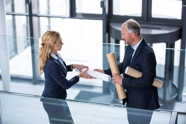 I colleghi di lavoro discutono con il progetto nel corridoio — Foto Stock