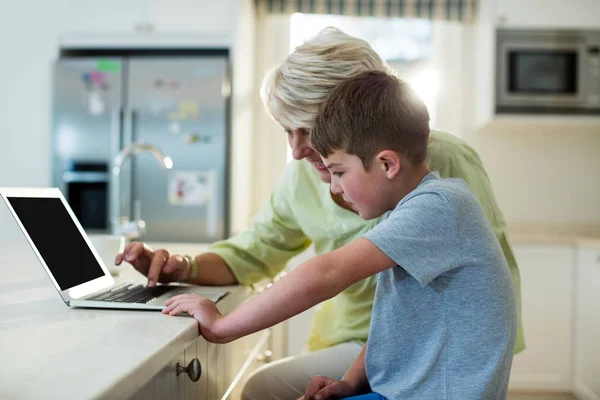 笔记本电脑用奶奶的孙子 — 图库照片