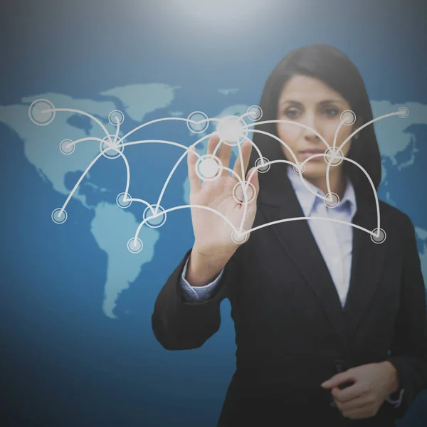 Businesswoman pressing on holographic screen — Stock Photo, Image