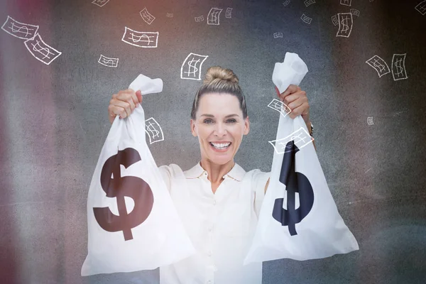 Businesswoman holding cash bags 3d — Stock Photo, Image