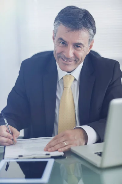 Homem de negócios sorrindo enquanto trabalhava — Fotografia de Stock