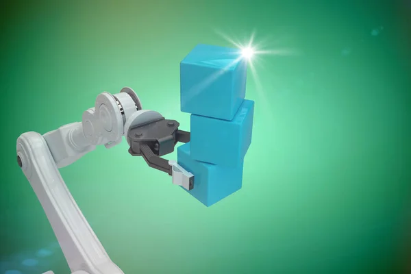 Robot kezét holding kék doboz — Stock Fotó