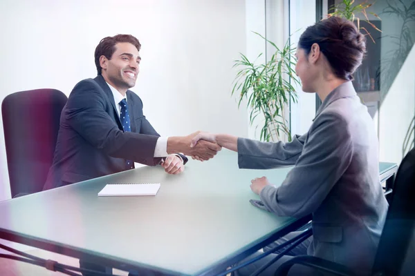 Smiling manager interviewing a good looking applicant — Stock Photo, Image