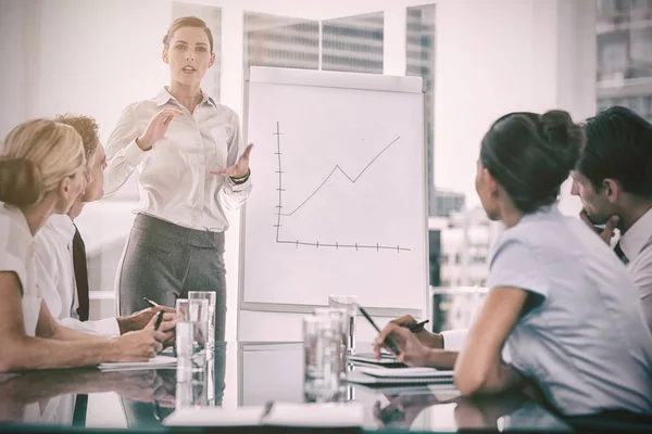 Mujer de negocios dando explicación delante de la carta de crecimiento — Foto de Stock