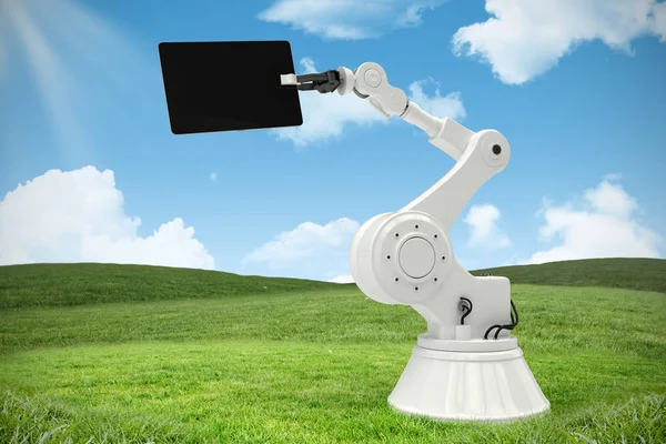 デジタル タブレットの白に対してロボットの複合イメージ 3 d の背景 — ストック写真