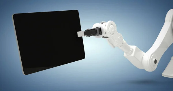 Imagem composta de imagem digital gerada de robô segurando tablet digital 3d — Fotografia de Stock