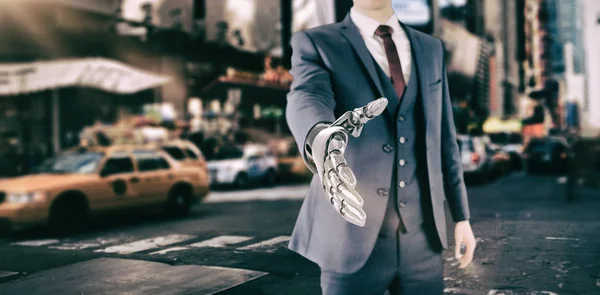 Composite image of graphic image of businessman with robotic hand — Stock Photo, Image
